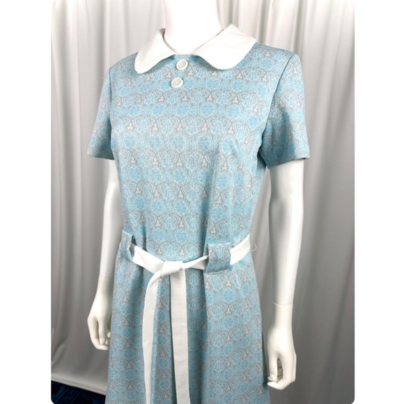 Vintage 1960’s 1970’s Sears Collared Shirt Dress in Soft Baby Blue + Grey - S/M - Picture 8 of 10